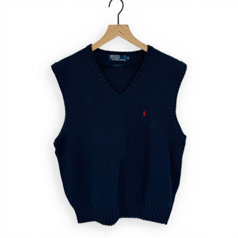 Polo Ralph Lauren Cotton Sweater Vest V Neck Navy Red Pony‎ Knit Pullover XL